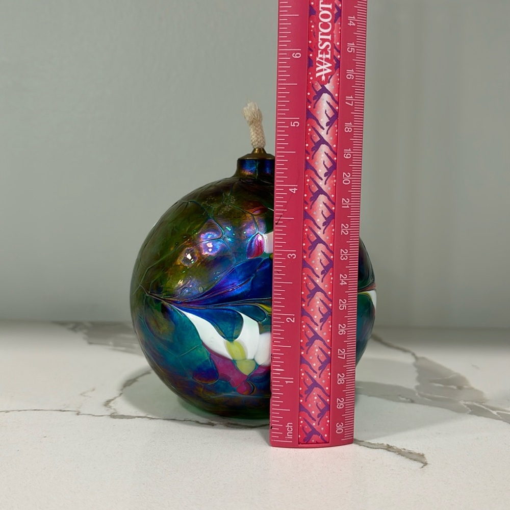 Handblown Iridescent Mosaic Art Glass Oil Lamp With Brass Top - Picture 14 of 14